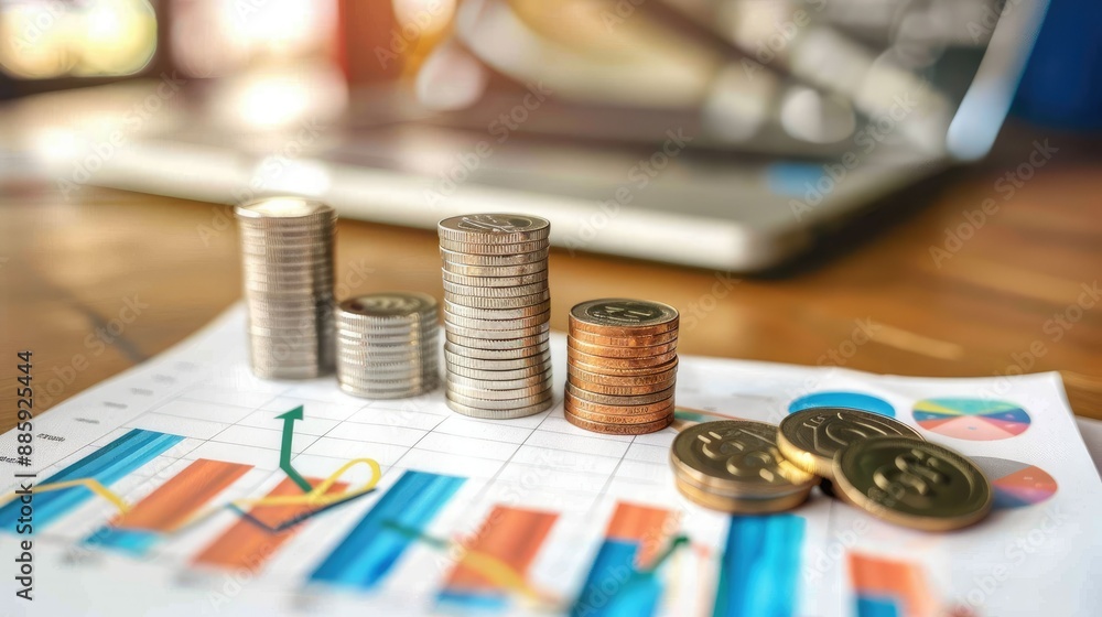 Poster coins set up in a bar graph shape on a desk, showing business growth metrics.
