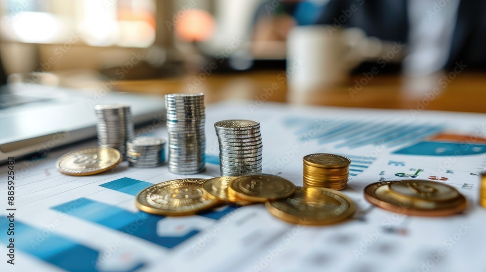 Poster coins set up in a bar graph shape on a desk, showing business growth metrics.