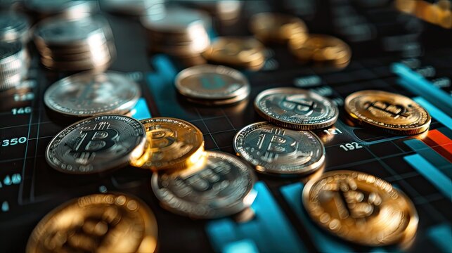 Coins spread out in a scatter plot pattern, representing financial data analysis.