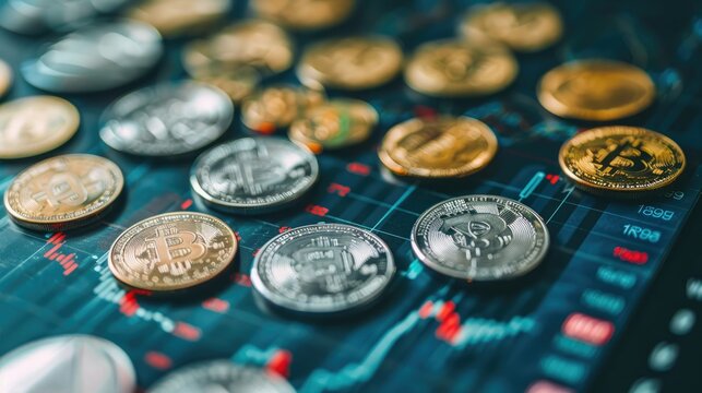 Coins spread out in a scatter plot pattern, representing financial data analysis.