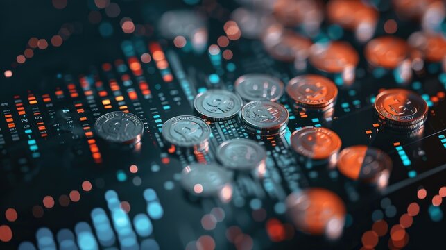 Coins spread out in a scatter plot pattern, representing financial data analysis.