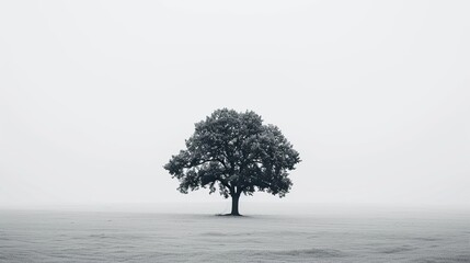 Large solitary tree standing stark against a plain white background, minimalist and striking.