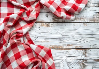 Fototapeta premium Red and White Checkered Tablecloth on White Wood