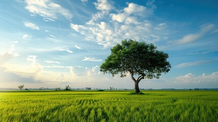Fototapeta premium Lonely tree overlooking a vast rice field, creating a serene rural landscape.