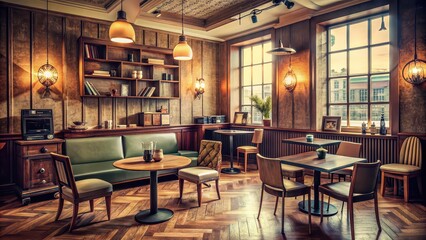 Vintage cafe with vinyl records, old-fashioned furniture, sepia tones, and a nostalgic feel , vintage