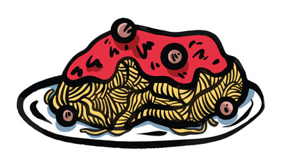 Delicious spaghetti bolognese pasta with meatballs on plate isolated on horizontal white background. Simple flat cartoon art styled food illustration drawing.