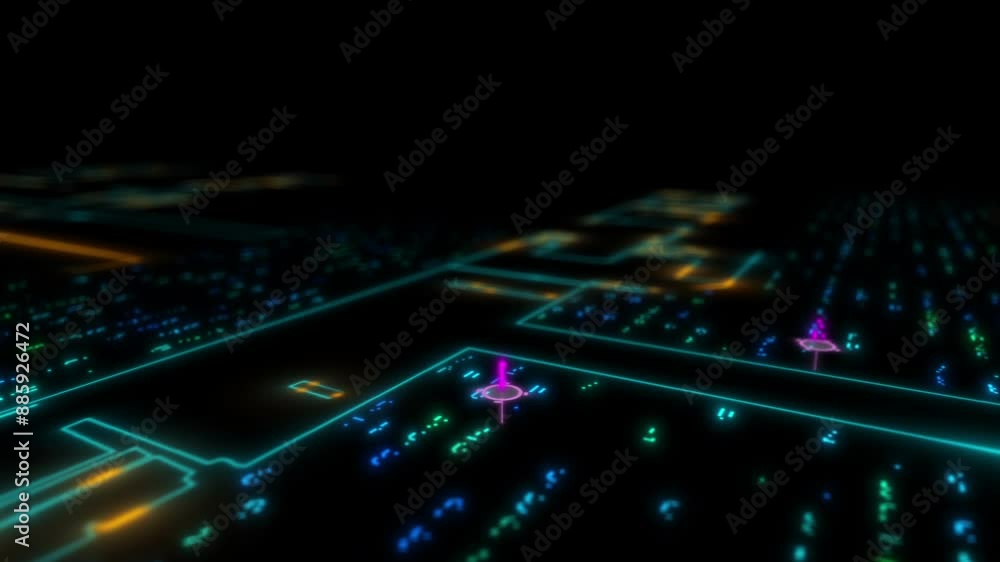 Poster the intelligent search system working, in ​futuristic circuit board cityscape. camera tracking movem
