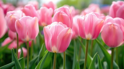 Fototapeta premium Pink Tulip Field, Vibrant pink tulips in full bloom, Spring Beauty