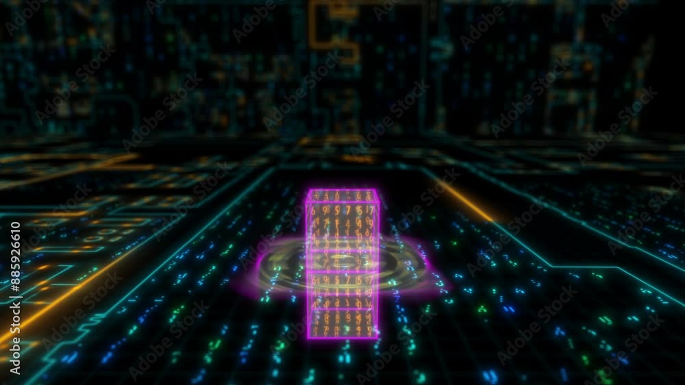 Poster the intelligent search system working, in ​futuristic circuit board cityscape. camera tracking movem