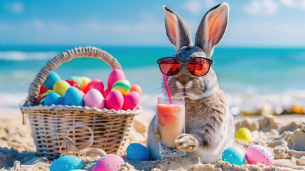 Relaxed Coastal Vibe: Adorable Gray Rabbit in Sunglasses Enjoying Easter Beachside with Colorful Eggs and Refreshing Drinks, Capturing the Essence of Springtime Leisure