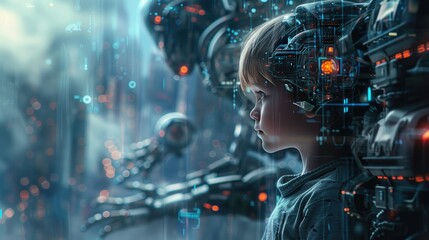 Futuristic Child with Advanced AI Robots Surrounded by Holographic Technology