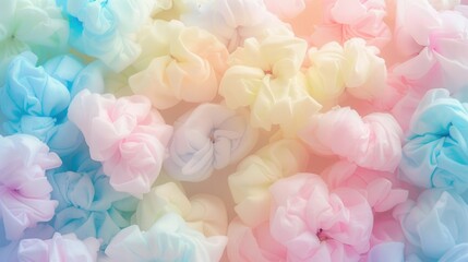 Fototapeta premium Delicate cotton candy in shades of pastel pink, blue, and yellow, forming a soft and whimsical background.