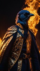 A jay in clothes made of fire and gold. surrounded by the fiery sun and stars