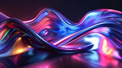 Abstract liquid glass holographic iridescent neon curved wave in motion dark background