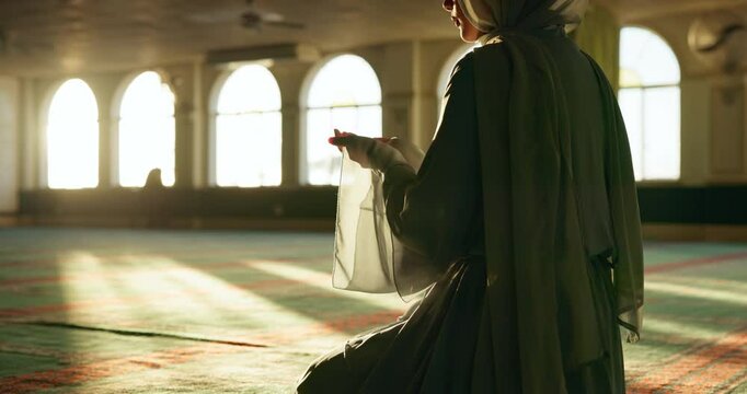 Muslim, woman and prayer in mosque for worship with hijab, religion and spiritual wellness on mat. Islamic, person and dua in holy temple for gratitude, faith and thankful to Allah on eid mubarak