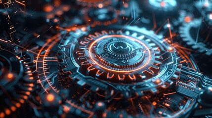 Obraz premium Futuristic Digital Technology - Close-up of Complex Mechanical Gears and Circuit Connections in Orange and Blue