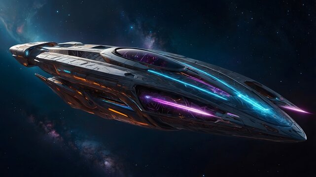 A shimmering quantum cruiser reminiscent of a futuristic space-age vessel, pulsating with ethereal energy and sleek lines that evoke a sense of velocity and mystery. This stunning image
