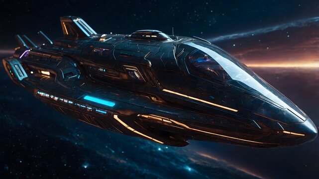 A shimmering quantum cruiser reminiscent of a futuristic space-age vessel, pulsating with ethereal energy and sleek lines that evoke a sense of velocity and mystery. This stunning image
