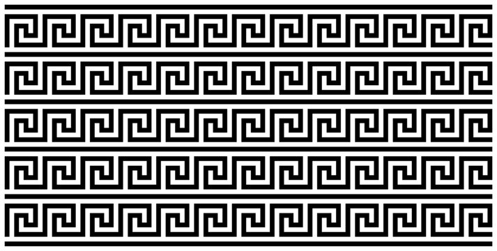 Greek key pattern with horizontal lines. Black and white Seamless geometric background.