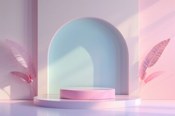Pastel Colored Stand Podium with Tropical Leaf Decor. Geometric Shape Wall for Product Display