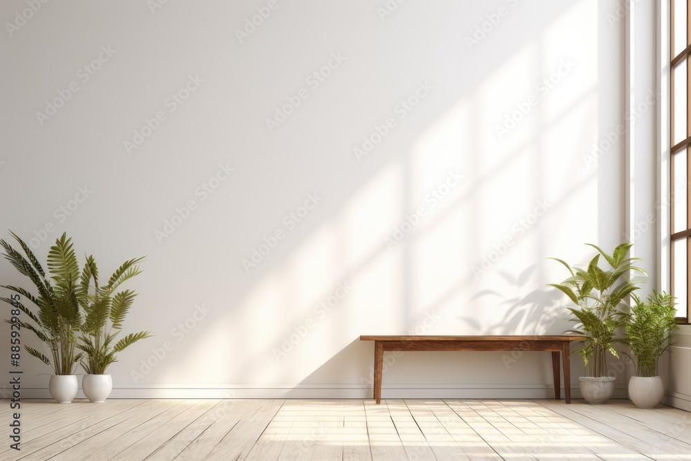 Wall mural Empty Three Picture Frames with White Sofa, Chair, and House Plant in Modern Living Room. White Wall Background