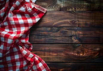 Obraz premium Red Checkered Tablecloth on Rustic Wooden Background