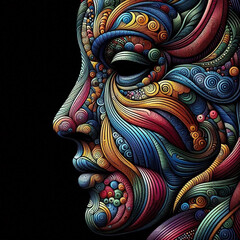 This abstract digital artwork features a vibrant pattern of colors and shapes against a black background. The colors are bold and contrasting, with a mix of warm and cool hues. The shapes are geometri