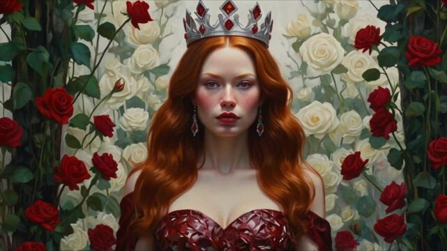 A painting of a queen with red hair and a ruby crown. She wears a striking burgundy gown with heart and rose motifs. The queen stands in a garden with a bush of painted red roses