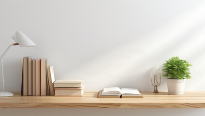 Wooden Desk With Lamp And Books Against A White Wall