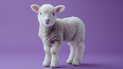 Fototapeta premium Fluffy White Lamb Standing on Deep Purple Backdrop for Elegant Advertising