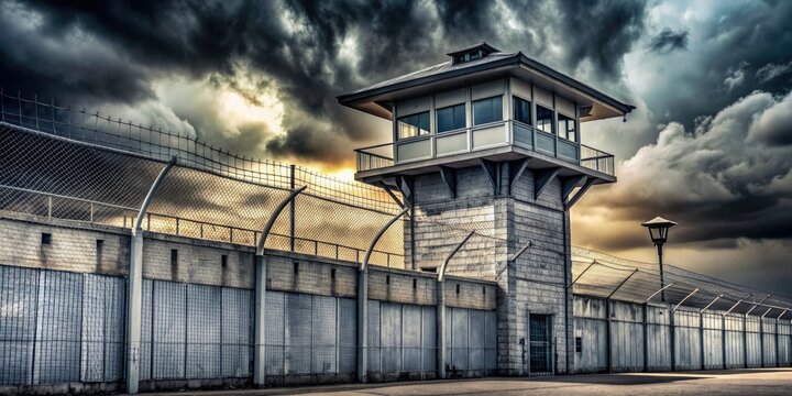 Ominous high-security prison exterior with multiple layers of barbed wire fencing, towering walls, and stern watchtowers under a foreboding grey sky.