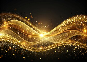 Luminous wave motif in shapeless gold hue undulates across dark background, adorned with scattered glimmering sparkles, evoking luxury, sophistication, and opulence in abstract design.