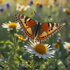 Obraz premium Majestic Butterfly Perched on a Daisy in a Vibrant Wildflower Meadow