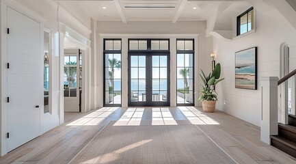 Fototapeta premium Elegant Coastal Entryway with Light Wood Flooring, Large Ocean-View Windows, and a Stylish Console Table: Creating a Warm and Inviting Atmosphere for a Welcoming Home Entrance