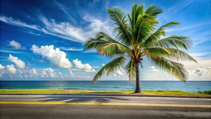 Coconut palm tree leaning over asphalt road with tropical seascape in background, coconut palm, tropical, seascape, road