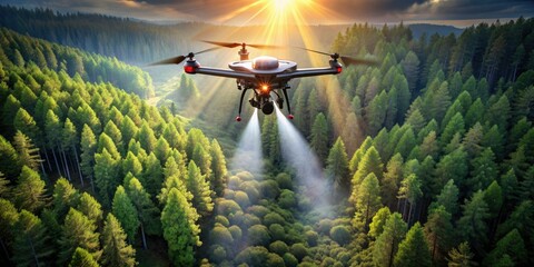 Fototapeta premium Aerial view of search and rescue drone hovering above dense forest, spotlight shining down, deploying sensors and cameras to locate survivors in emergency operation.