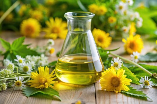 Fresh green herbal leaves and delicate flowers surround a clear glass beaker containing a natural, vibrant yellow liquid essence solution in a laboratory setting.