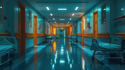 Fototapeta premium Empty Hospital Hallway with Beds in Orange and Teal Color Scheme, Featuring Realistic Cinematic Grading, Evoking a Calm and Clean Atmosphere
