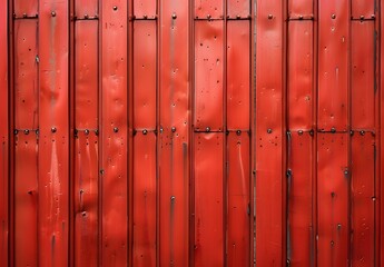 Red Metal Wall with Vertical Slats and Nails