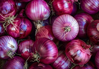 Close Up Pile Fresh Red Onions Background