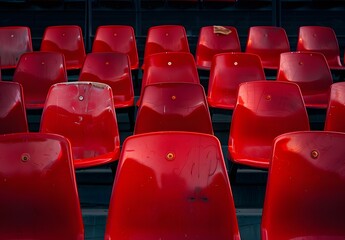 Empty Red Plastic Stadium Seats Close-Up