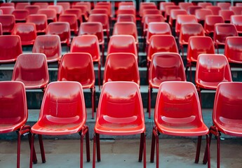 Naklejka premium Red Plastic Chairs in Empty Stadium Seats