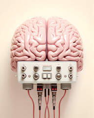 Human brain with wires and computer connecting 