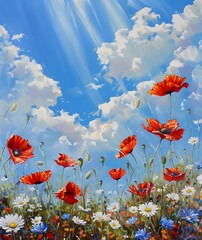 Obraz premium Impressionist Poppies and Daisies Under a Sunny Sky