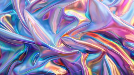 Fototapeta premium Elegant iridescent fabric background with a shimmering mother of pearl texture, adorned with bright multi-colored hues that dance across the surface, adding depth and dimension to any design.