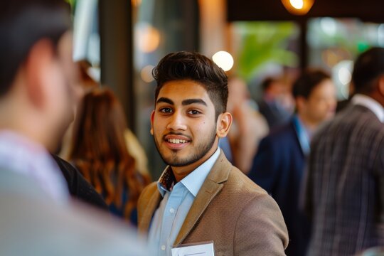 Professional Photography of young entrepreneur networking at a business event, Generative AI