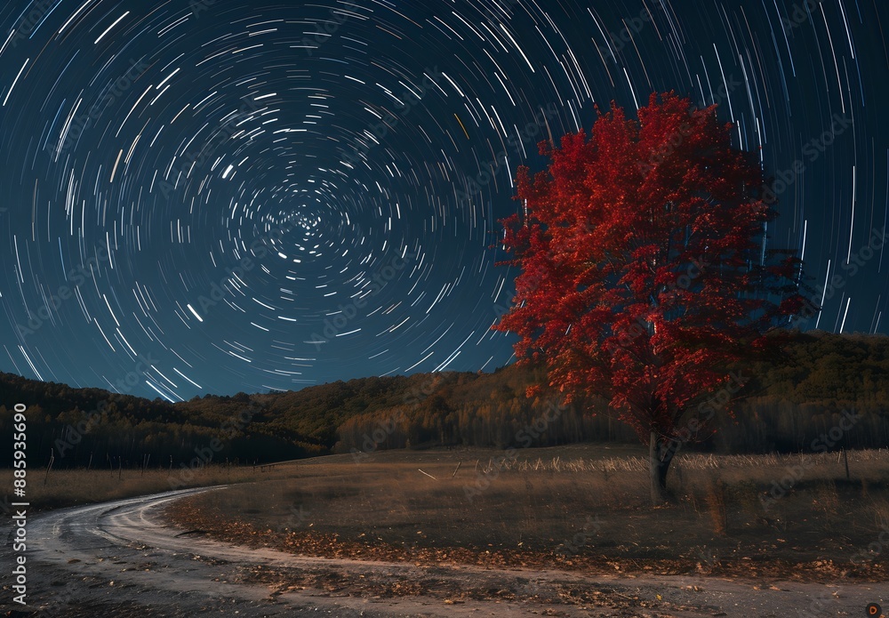 Wall mural Red Tree Under Star Trails Night Sky