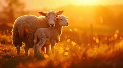 Obraz premium Sheep and Lamb in Golden Sunset