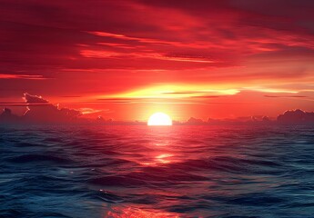 Obraz premium Dramatic Red Sunset Over Ocean Horizon