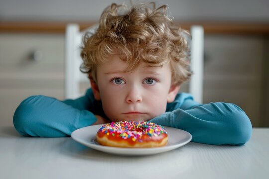 Sad child resisting temptation, trying to eat healthy food, refusing doughnut
